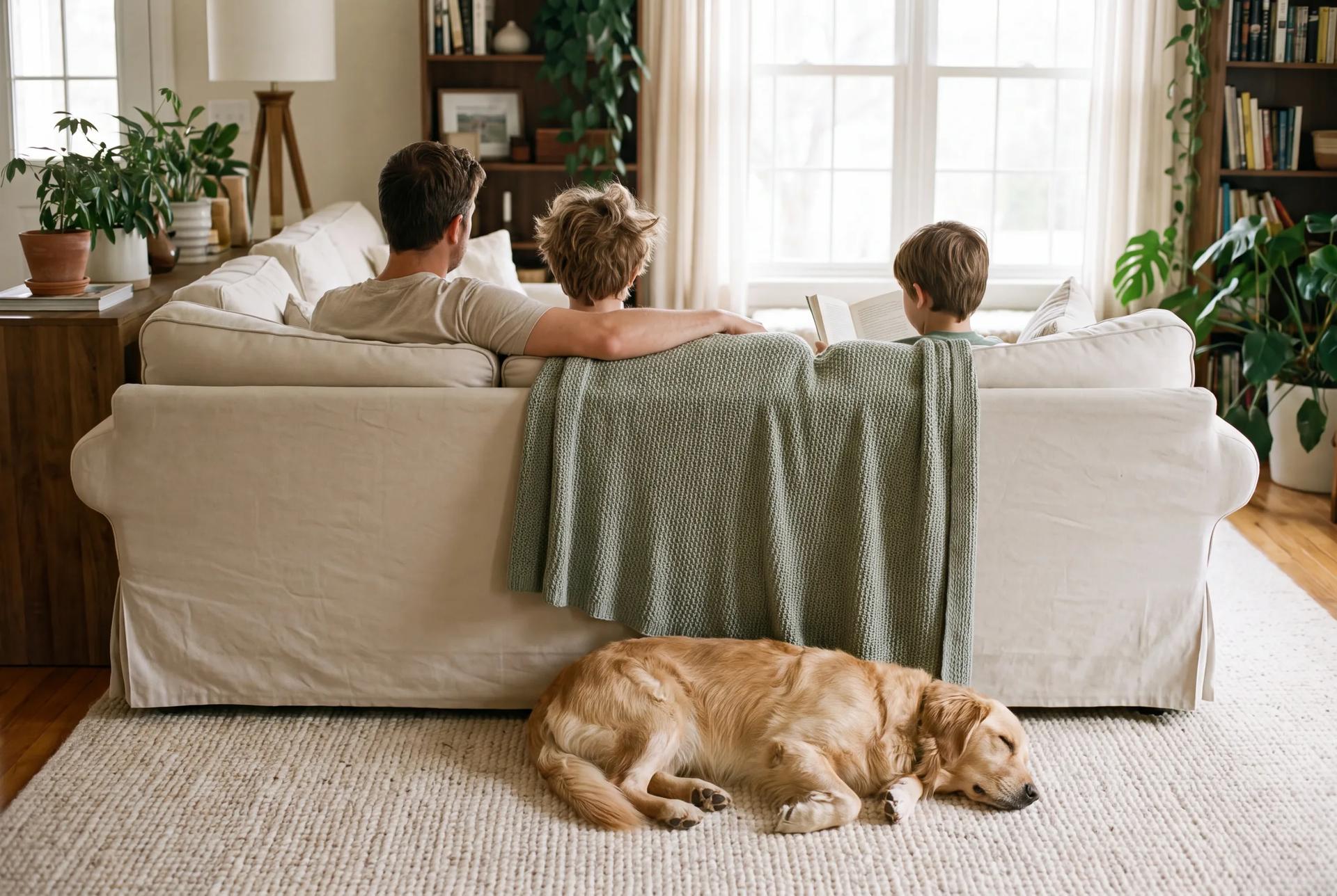 A family at home, relaxed on the sofa