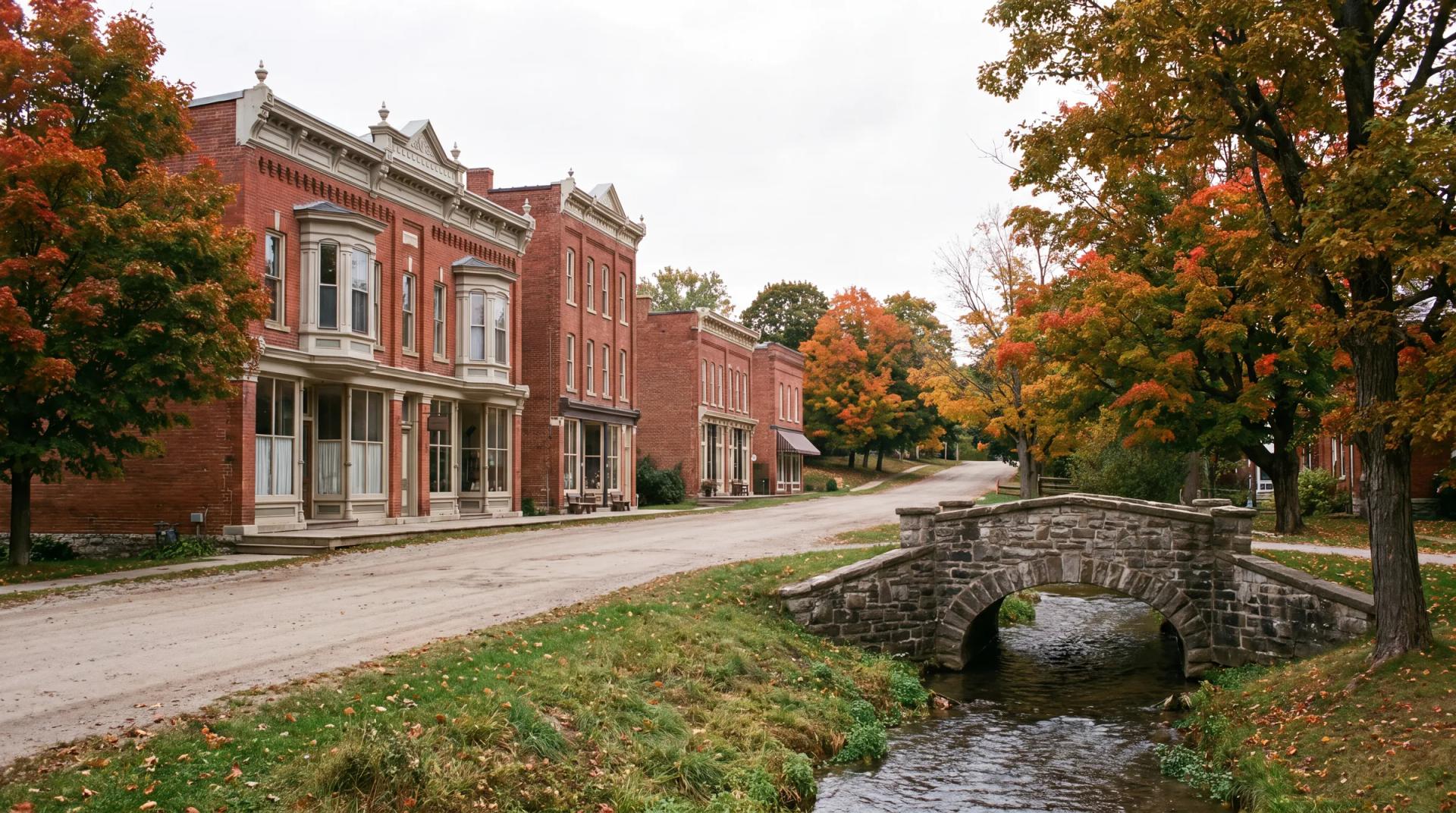 Victorian brick storefronts on the hilly main street of Millbrook, Ontario
