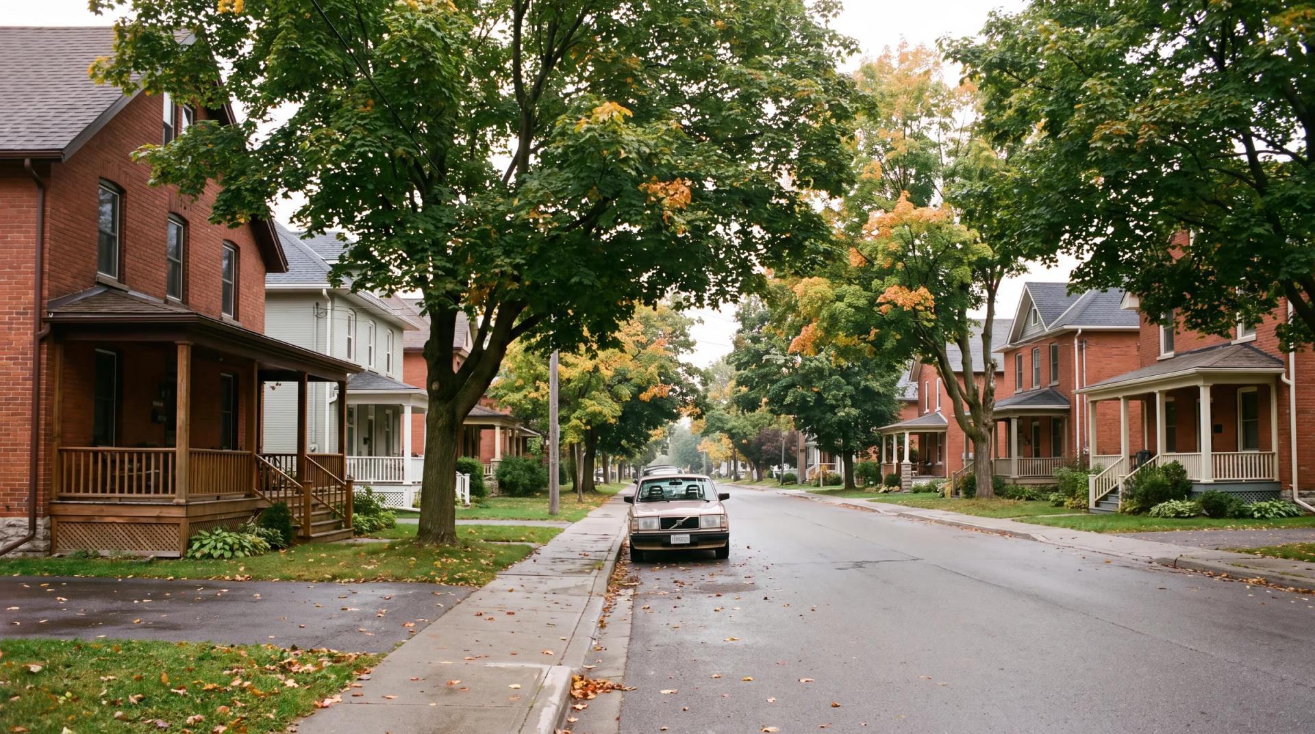 A tree-lined street of century brick homes in Peterborough, Ontario