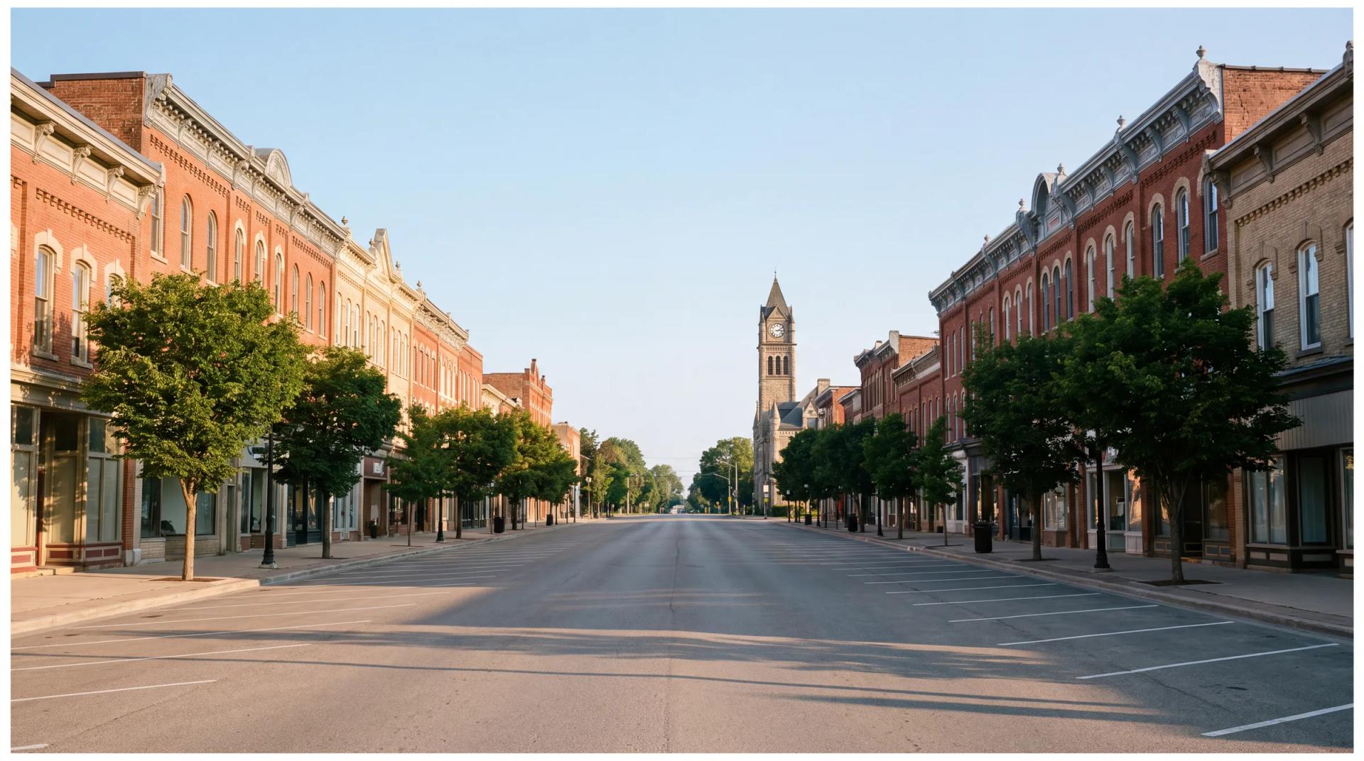 The wide historic main street of Lindsay, Ontario, lined with brick buildings