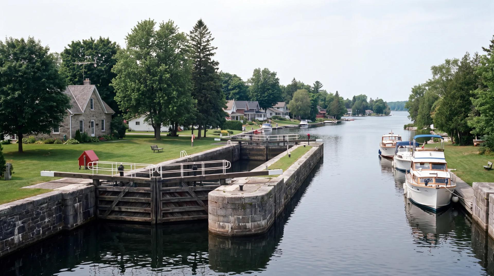 A Trent–Severn lock and swing bridge in Bobcaygeon, with boats waiting