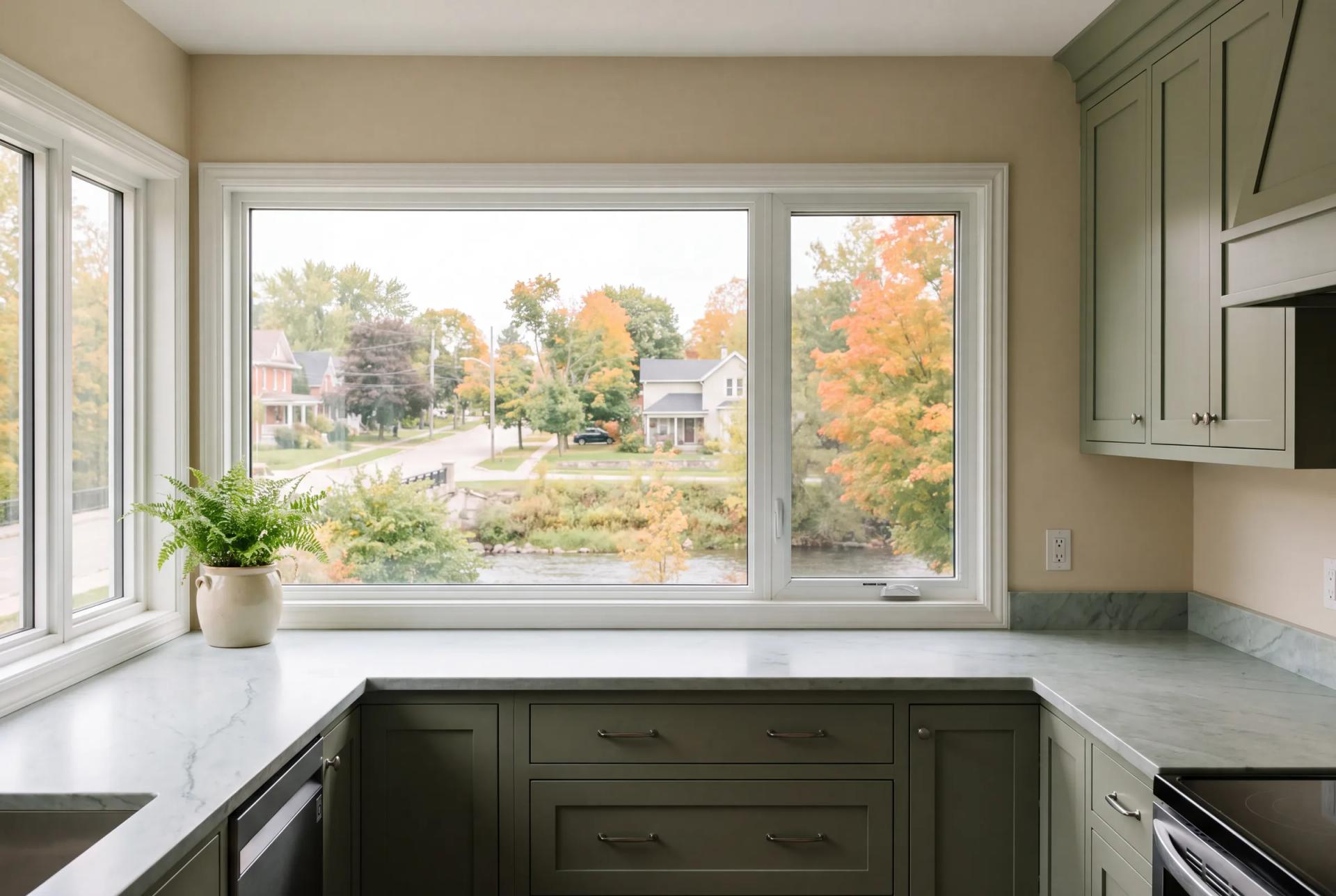 A kitchen with a view over the city
