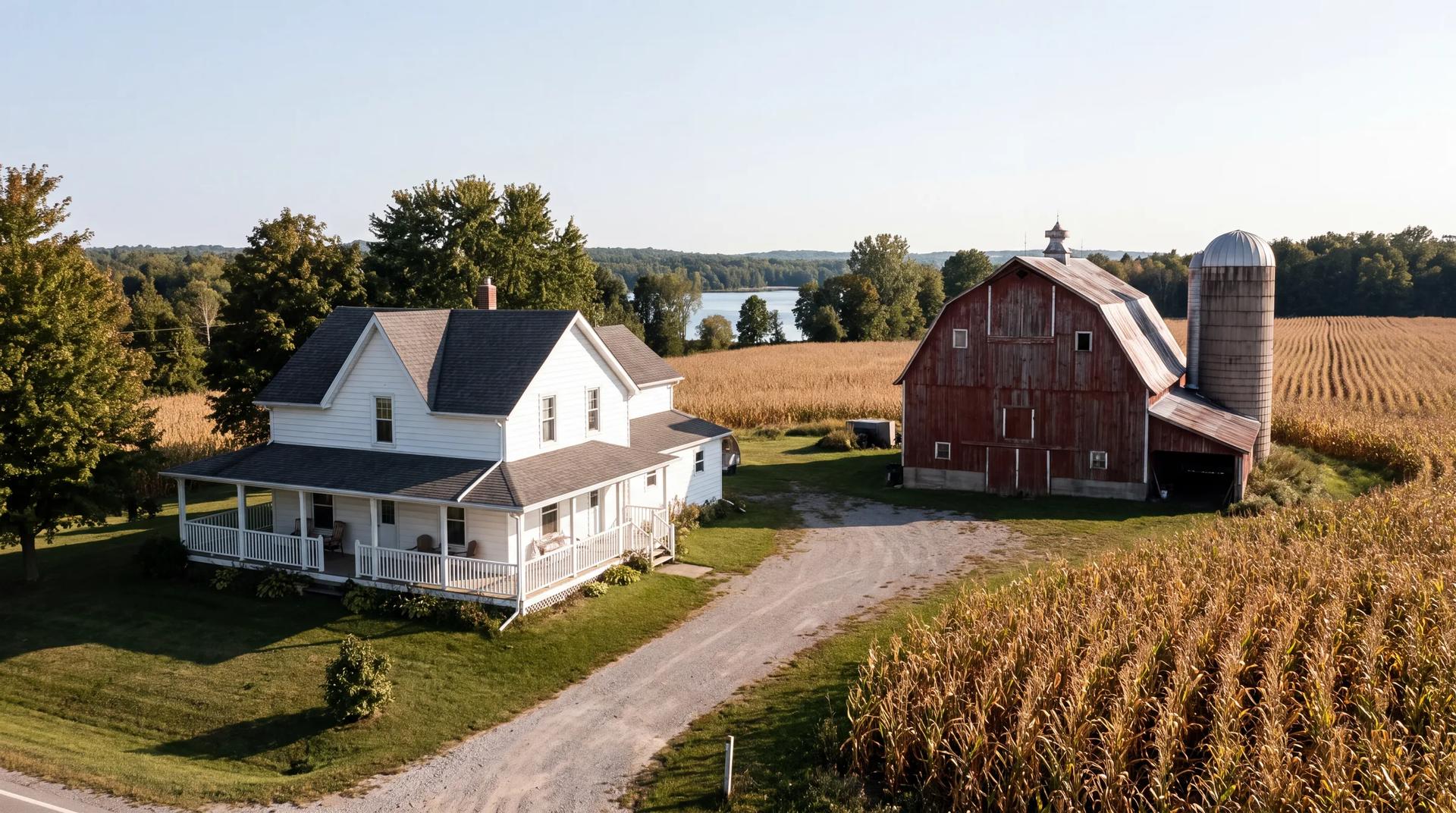 A farmhouse and fields near Ennismore, with Chemong Lake in the distance