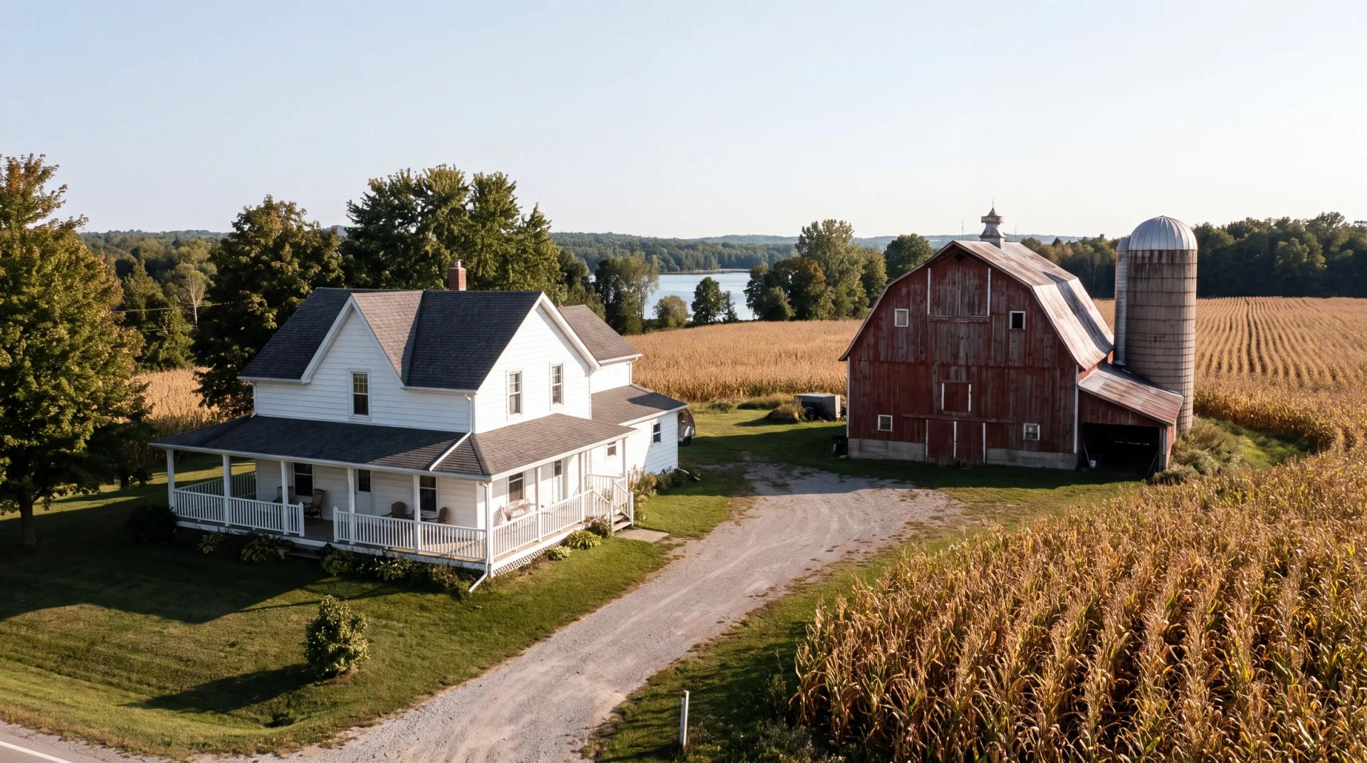 A farmhouse and fields near Ennismore, with Chemong Lake in the distance