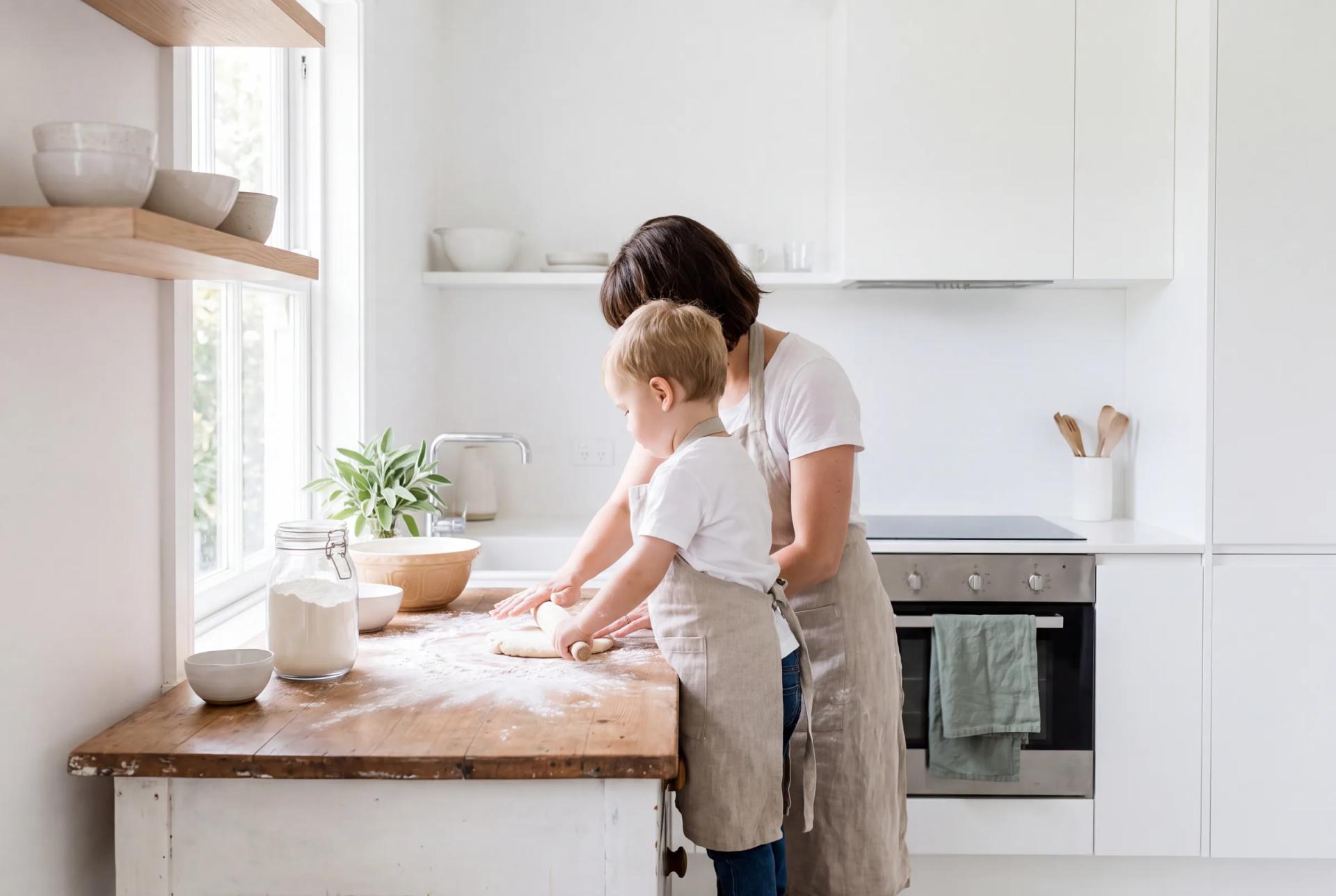 A family at home in a freshly cleaned kitchen