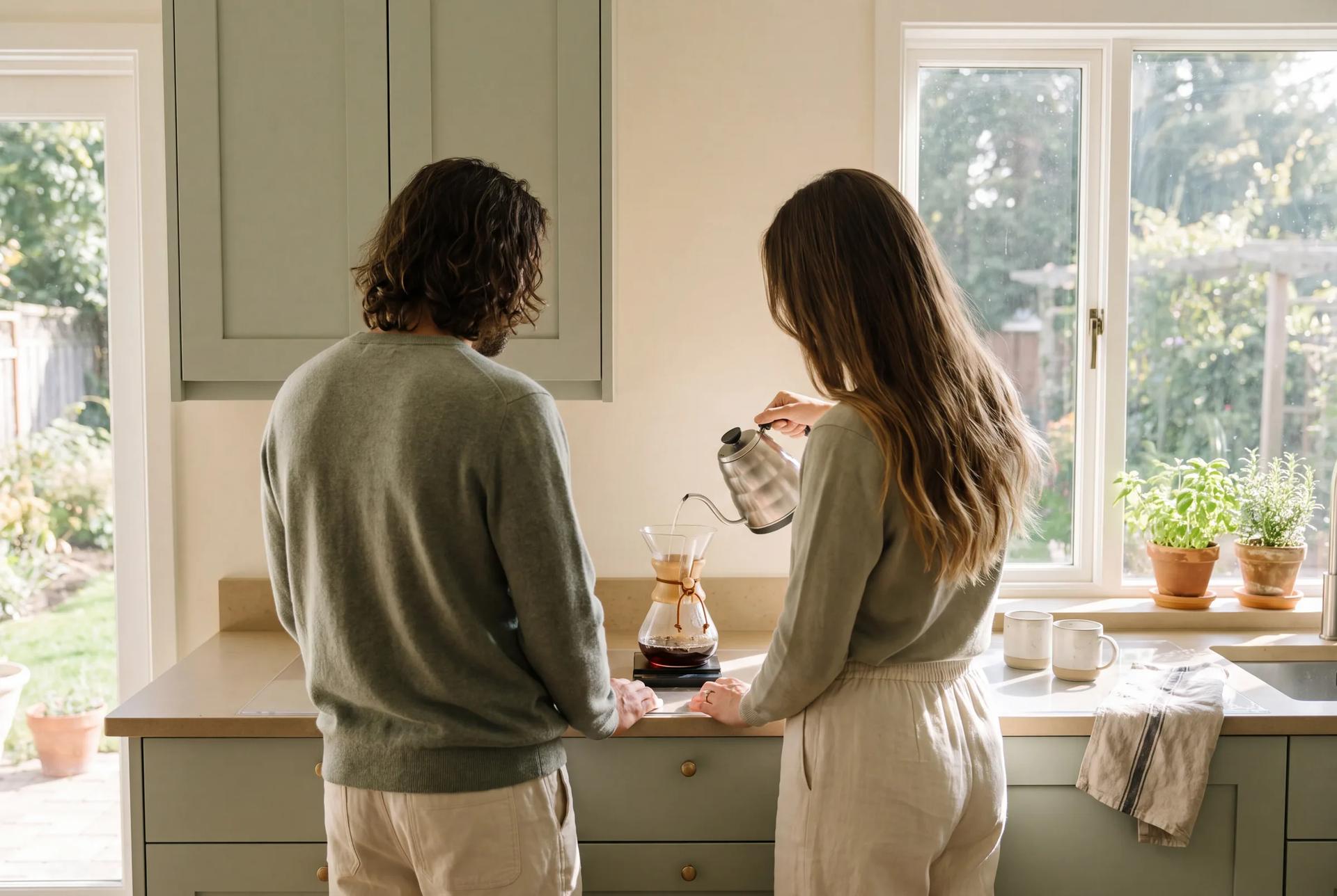 A couple cooking together in a clean kitchen
