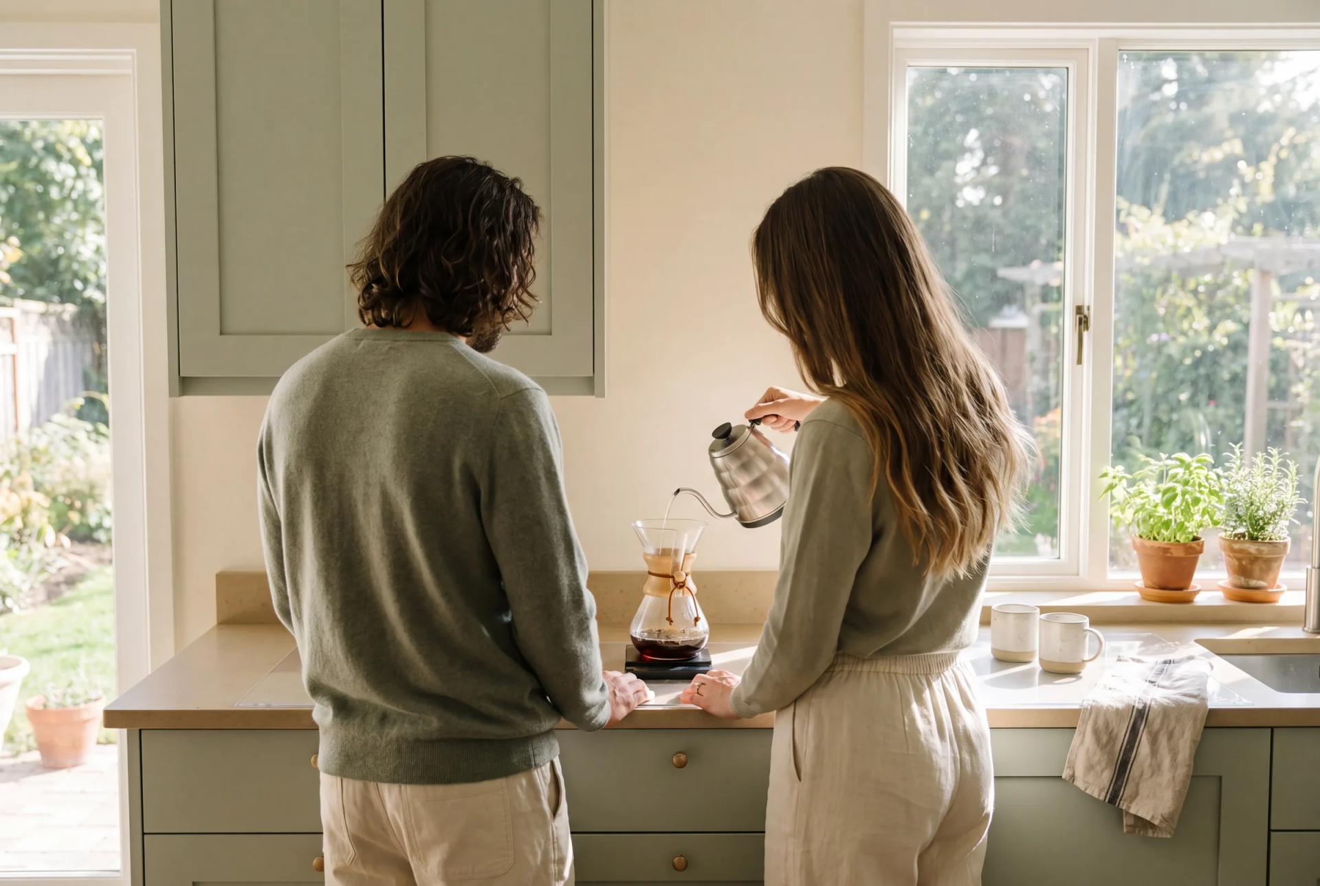 A couple cooking together in a clean kitchen