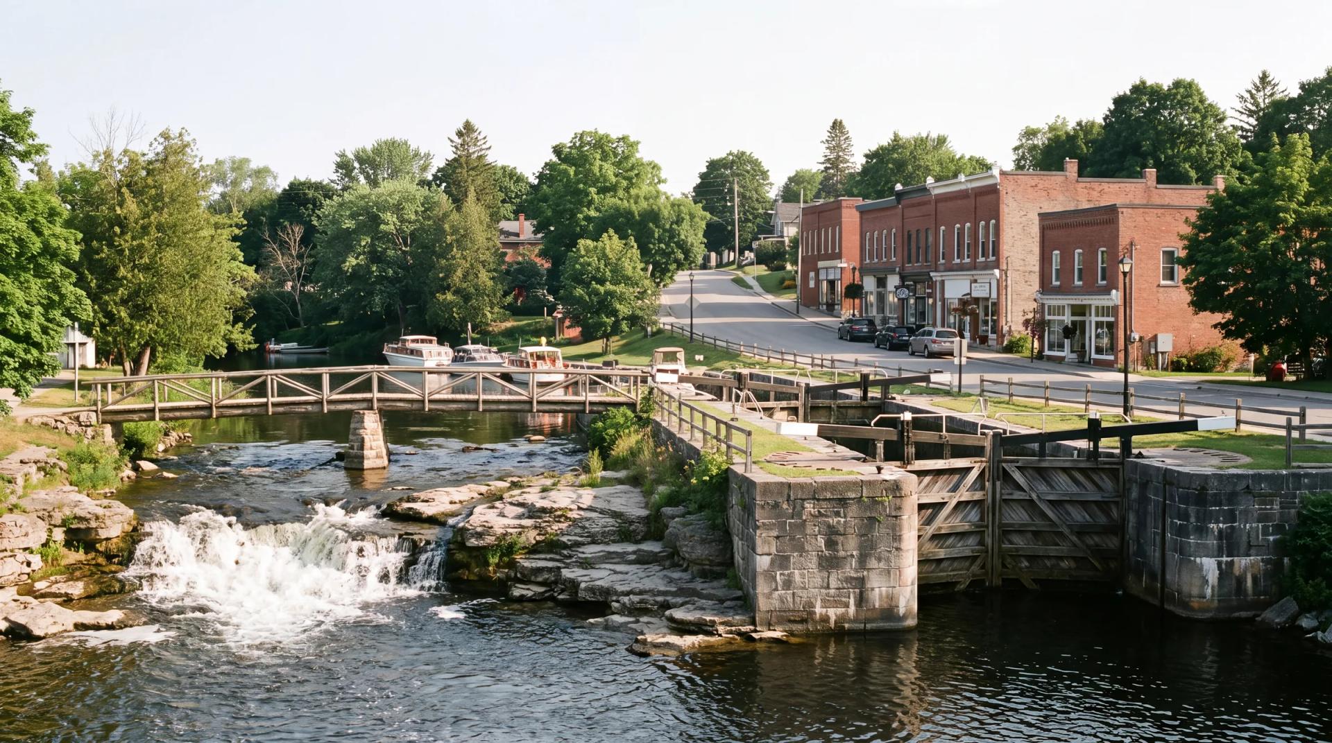 The falls and lock at Fenelon Falls, with the village rising behind