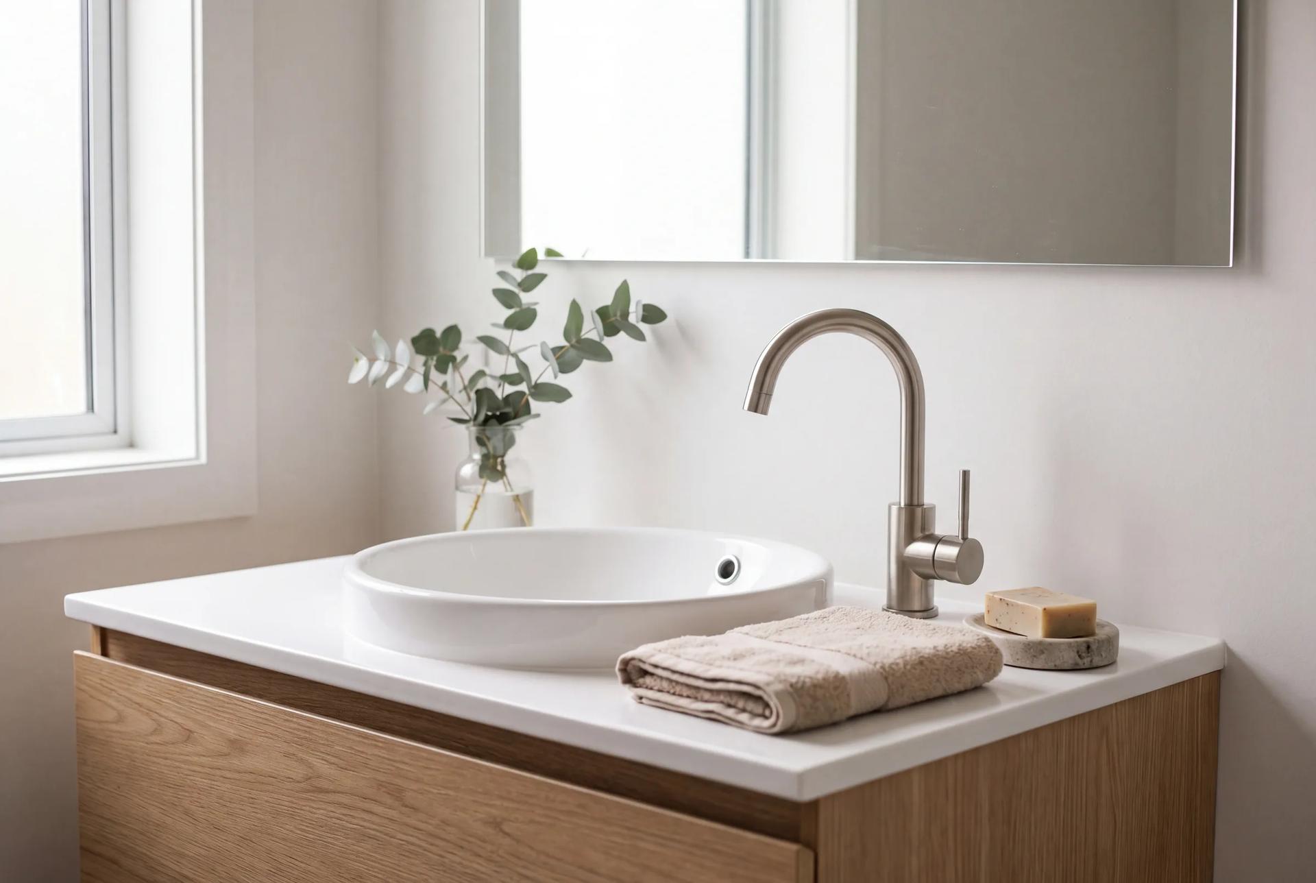 A stone basin in a freshly cleaned bathroom