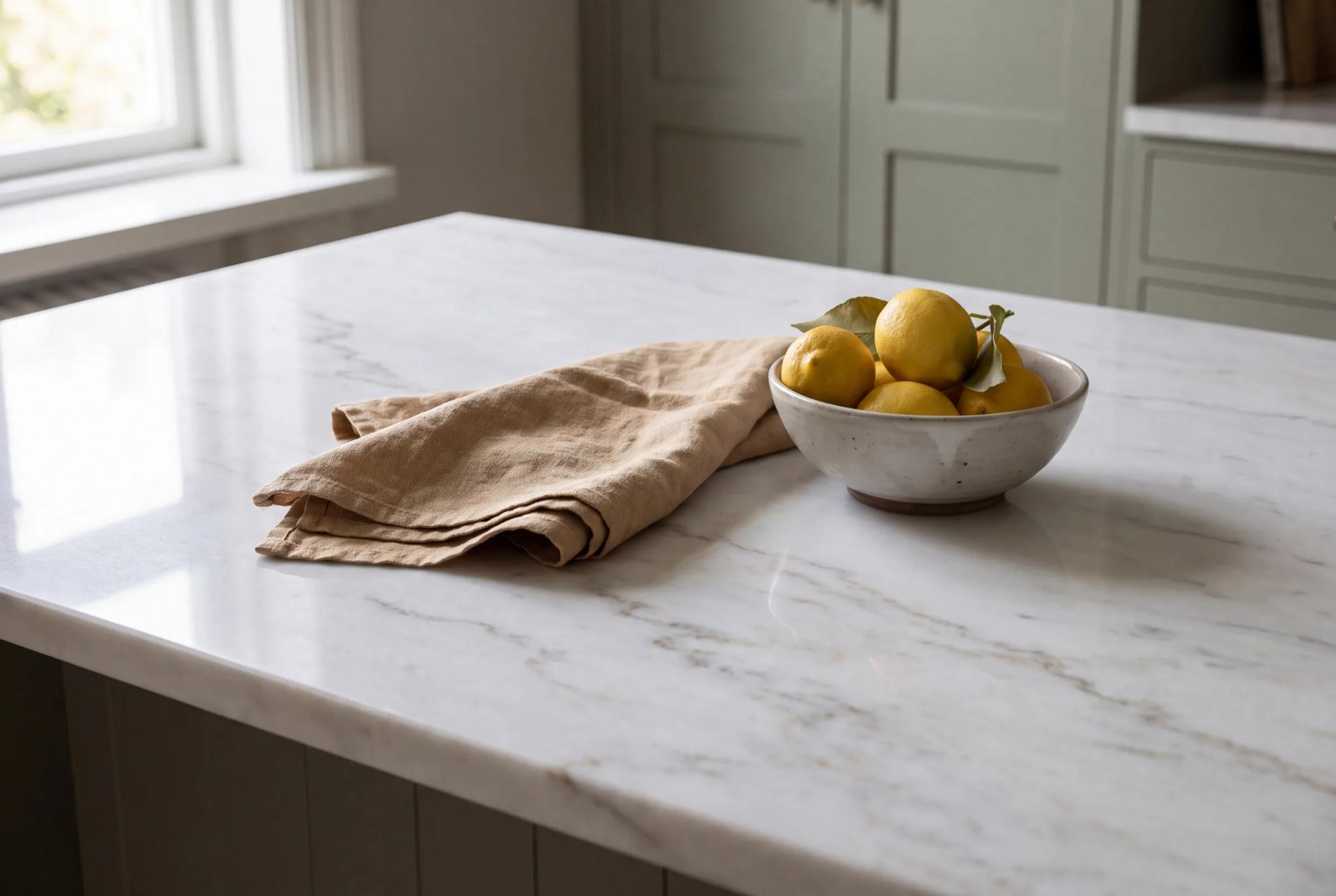 A marble kitchen island, cleaned and clear