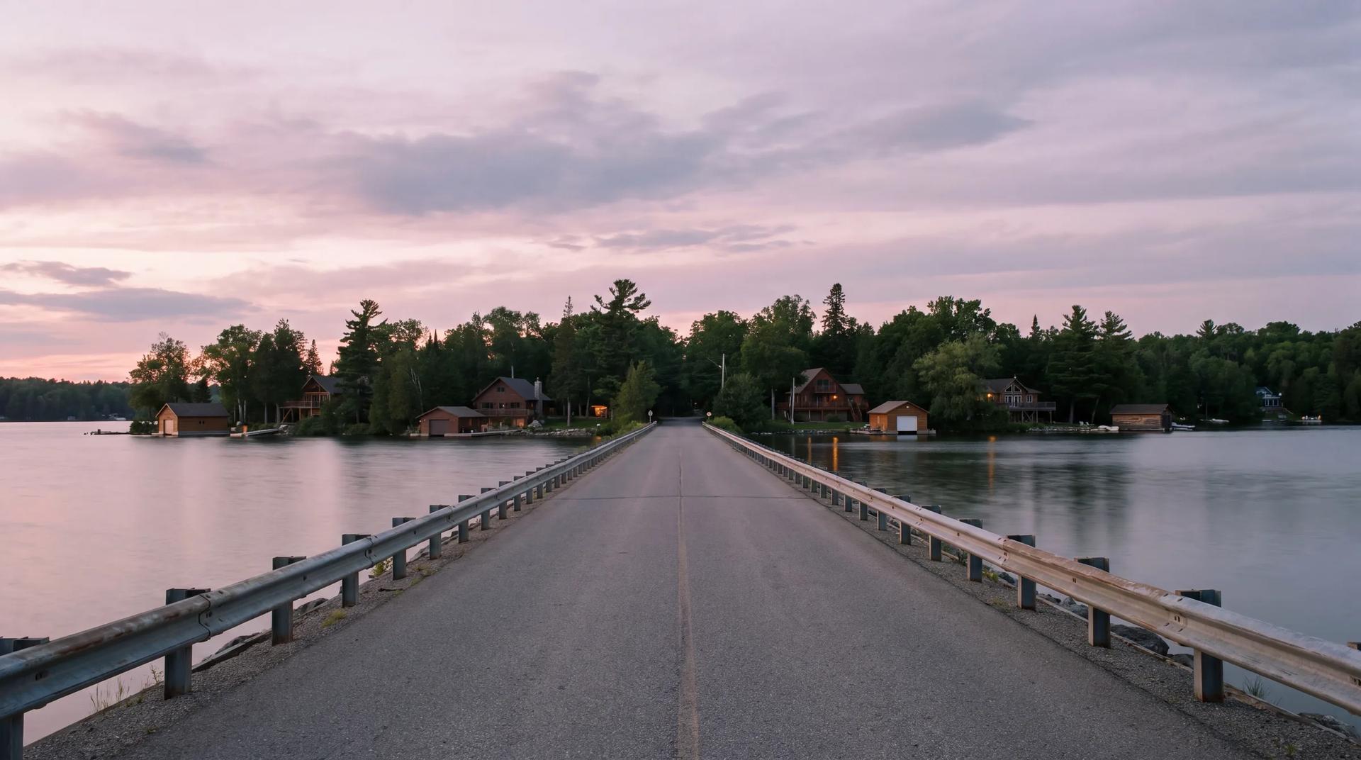 The causeway crossing Chemong Lake toward Bridgenorth at dusk