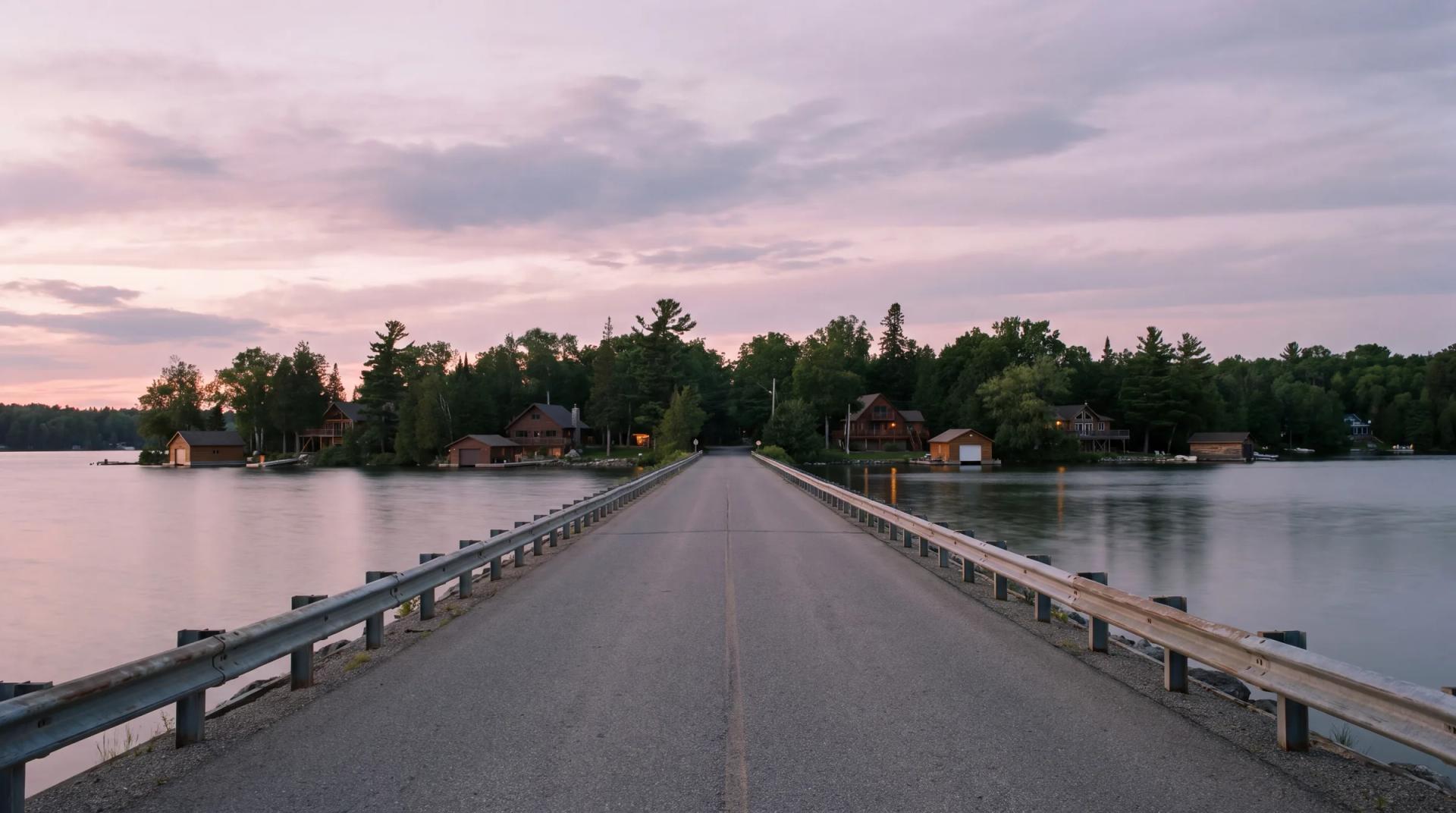 The causeway crossing Chemong Lake toward Bridgenorth at dusk