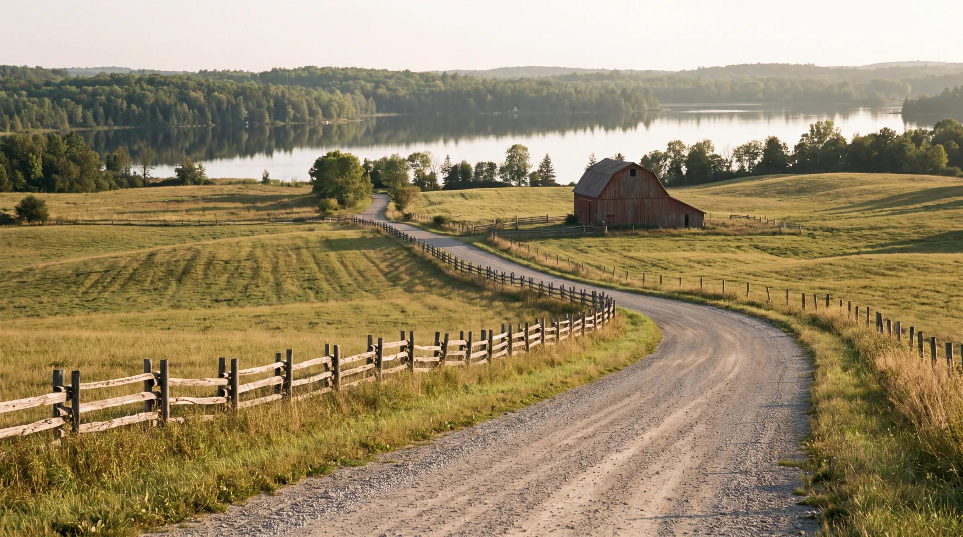Farmland and a country road in Peterborough County, with a lake beyond