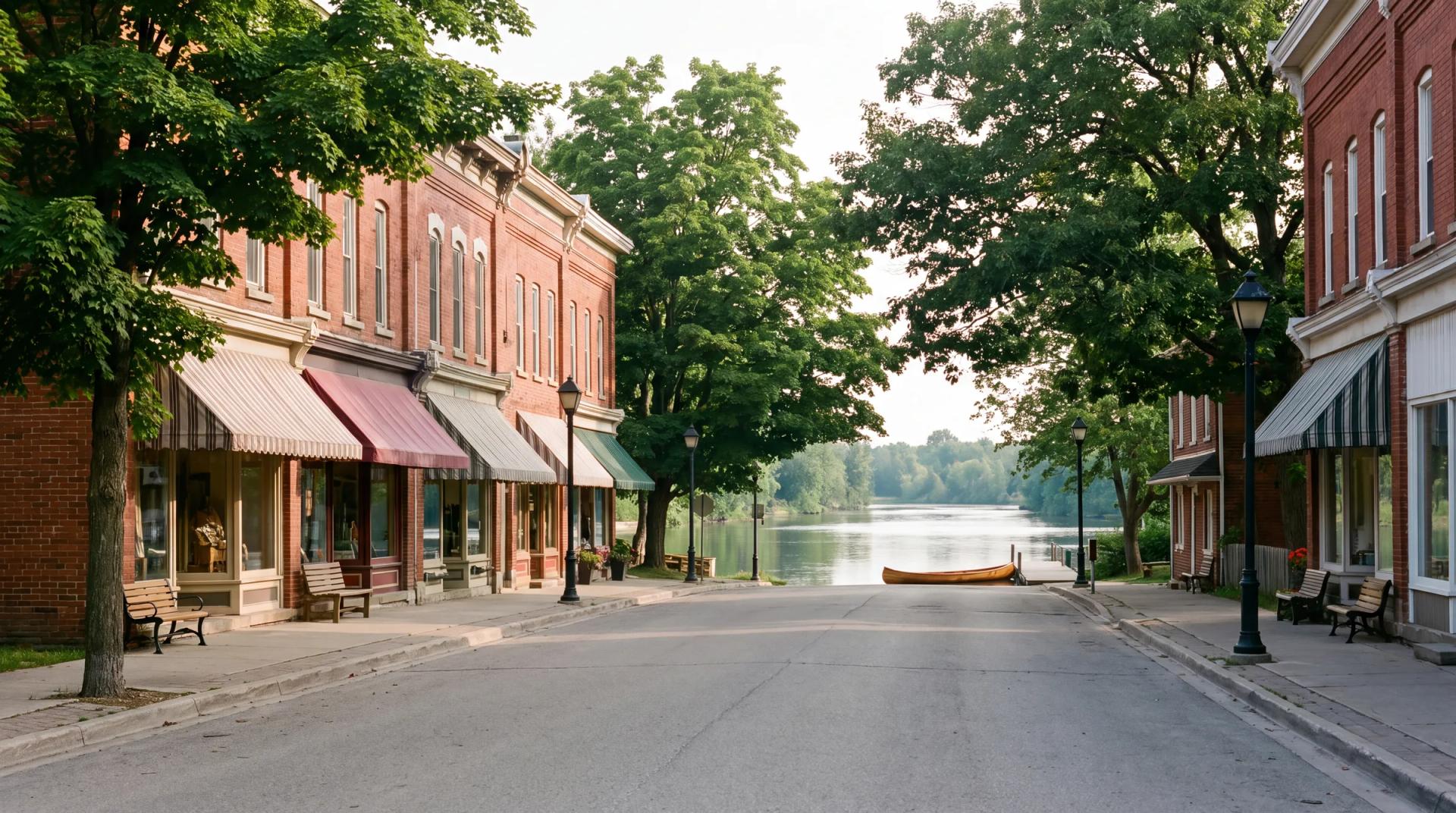 The brick main street of Lakefield, Ontario, beside the Otonabee River