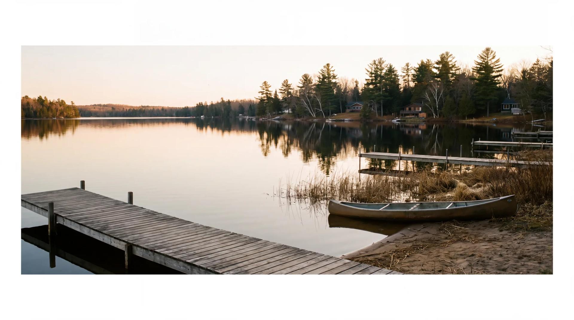 Docks and cottages along a calm Kawartha lake at golden hour