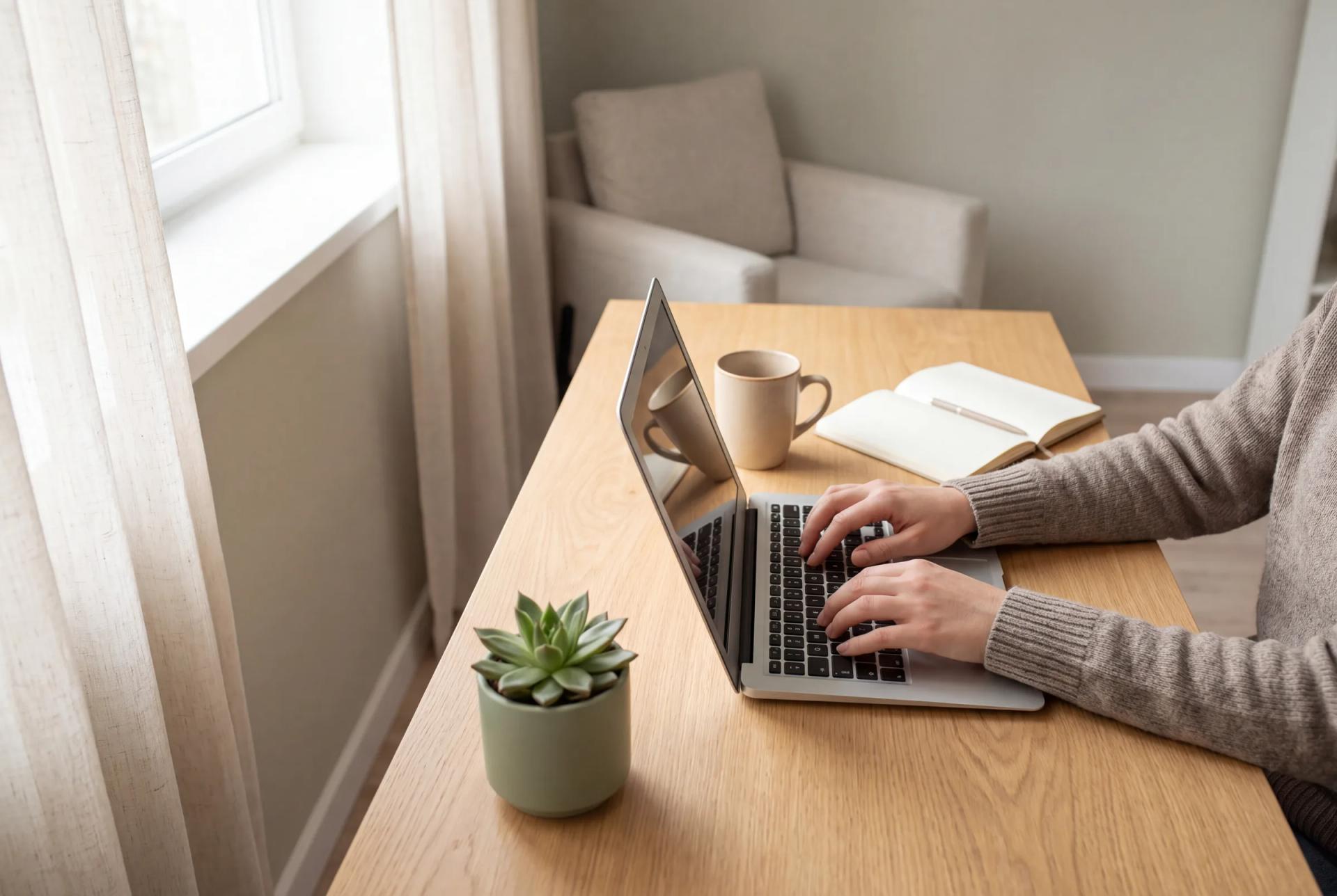 Working from home in a clean kitchen